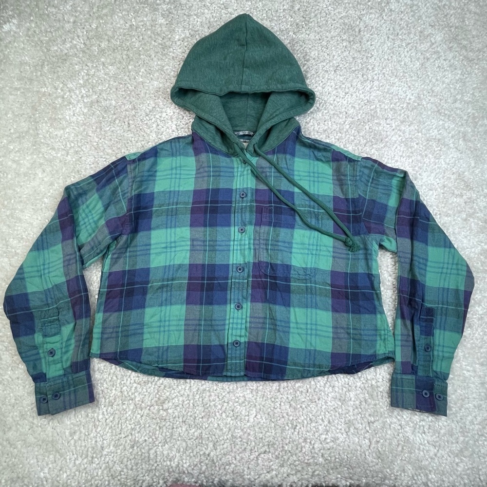 American Eagle Cropped Green Blue Plaid Flannel Hoodie grunge 90s small